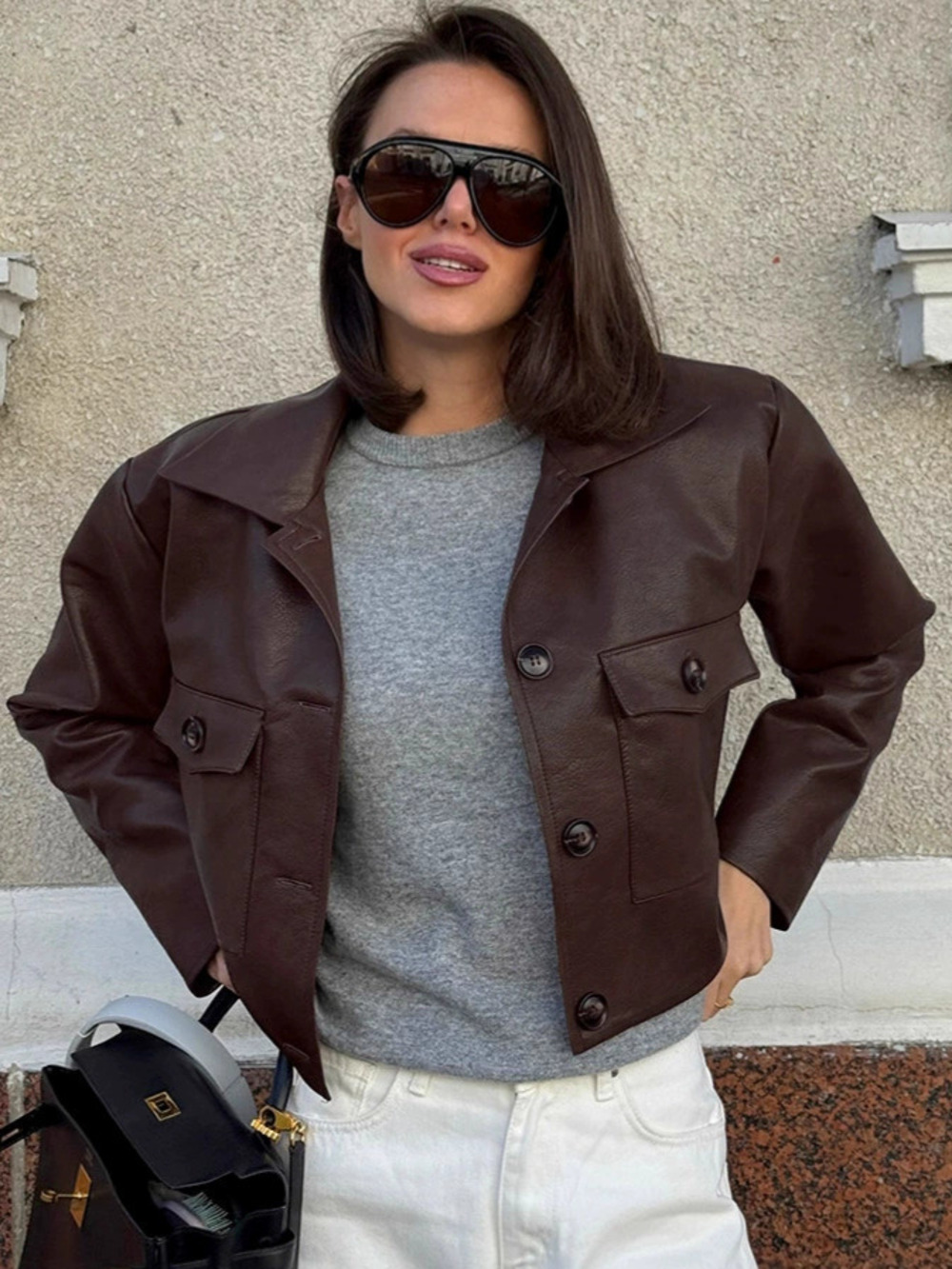 Forever 21 Fall Retro Cropped Leather Biker Jacket Loose Slim